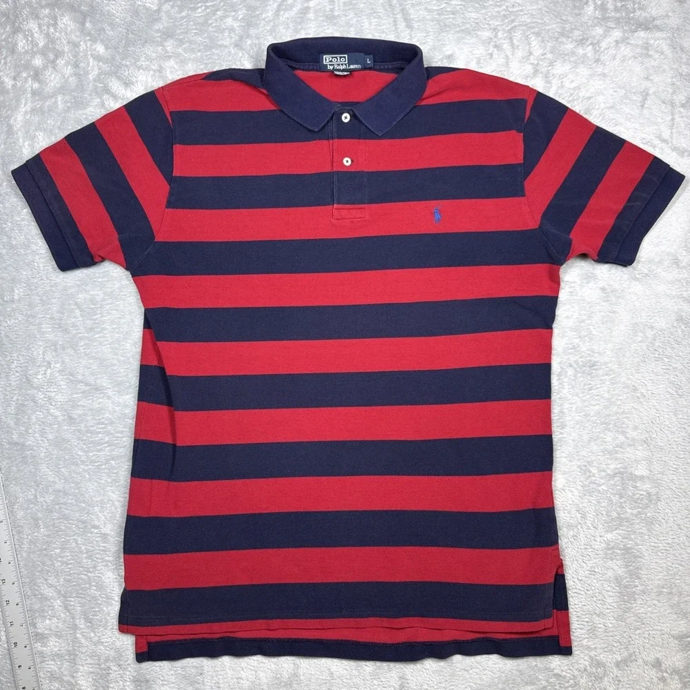 Vintage Polo Ralph Lauren Polo Shirt Men L Blue Red Striped Distressed